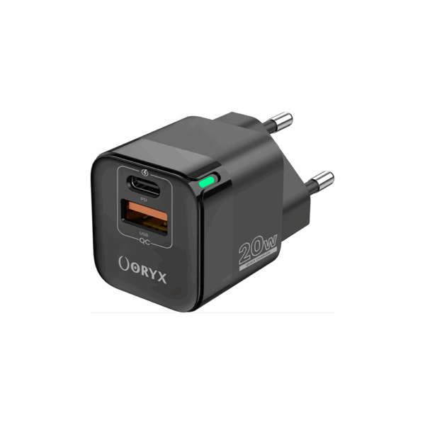Chargeur Oryx 20 W PD – USB‑C + USB‑A – Noir